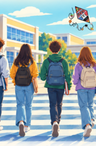 Immagine di tre ragazzi che si muovono verso una scuola superiore in atto di orientarsi nei vari indirizzi scolastici