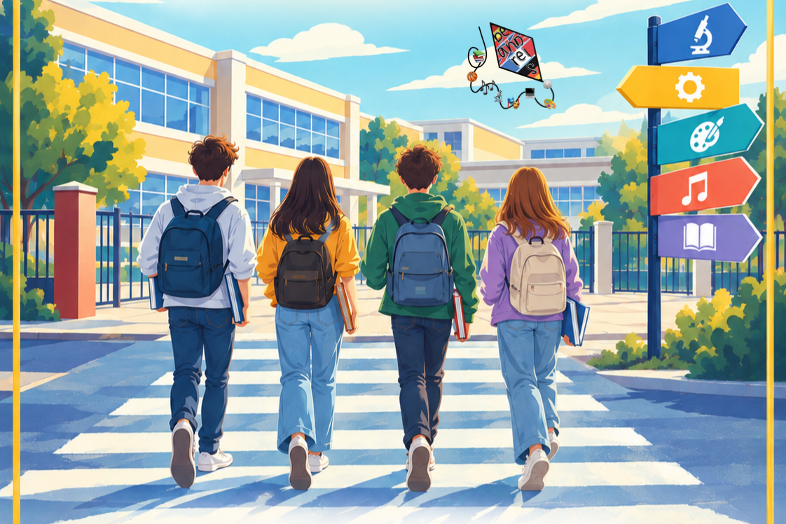 Immagine di tre ragazzi che si muovono verso una scuola superiore in atto di orientarsi nei vari indirizzi scolastici