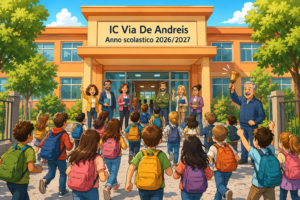 L'immagine rappresenta un gruppo di alunni che stanno entrando a scuola, ad attenderli ci sono i docenti ed un bidello suona la campanella
