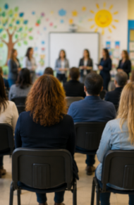 Gruppo di genitori di spalle che partecipano ad un incontro con docenti a scuola