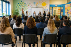 Gruppo di genitori di spalle che partecipano ad un incontro con docenti a scuola
