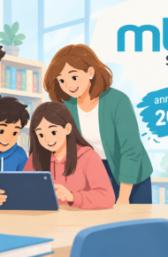 Immagine di due alunni e due docenti che leggono un libro digitale in una biblioteca