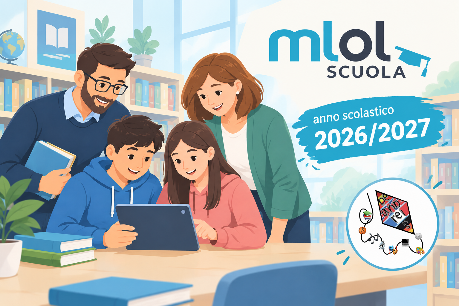 Immagine di due alunni e due docenti che leggono un libro digitale in una biblioteca