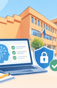 Immagine che rappresenta una scuola, un pc e un lucchetto, rimandando agli strumenti di IA