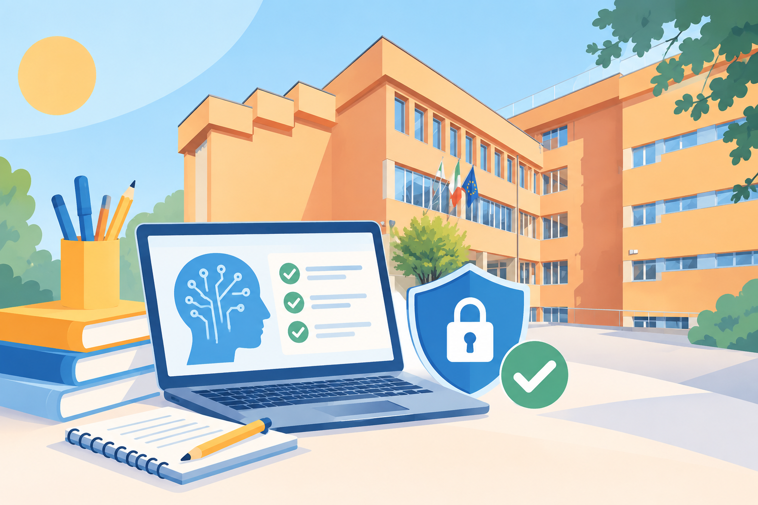Immagine che rappresenta una scuola, un pc e un lucchetto, rimandando agli strumenti di IA